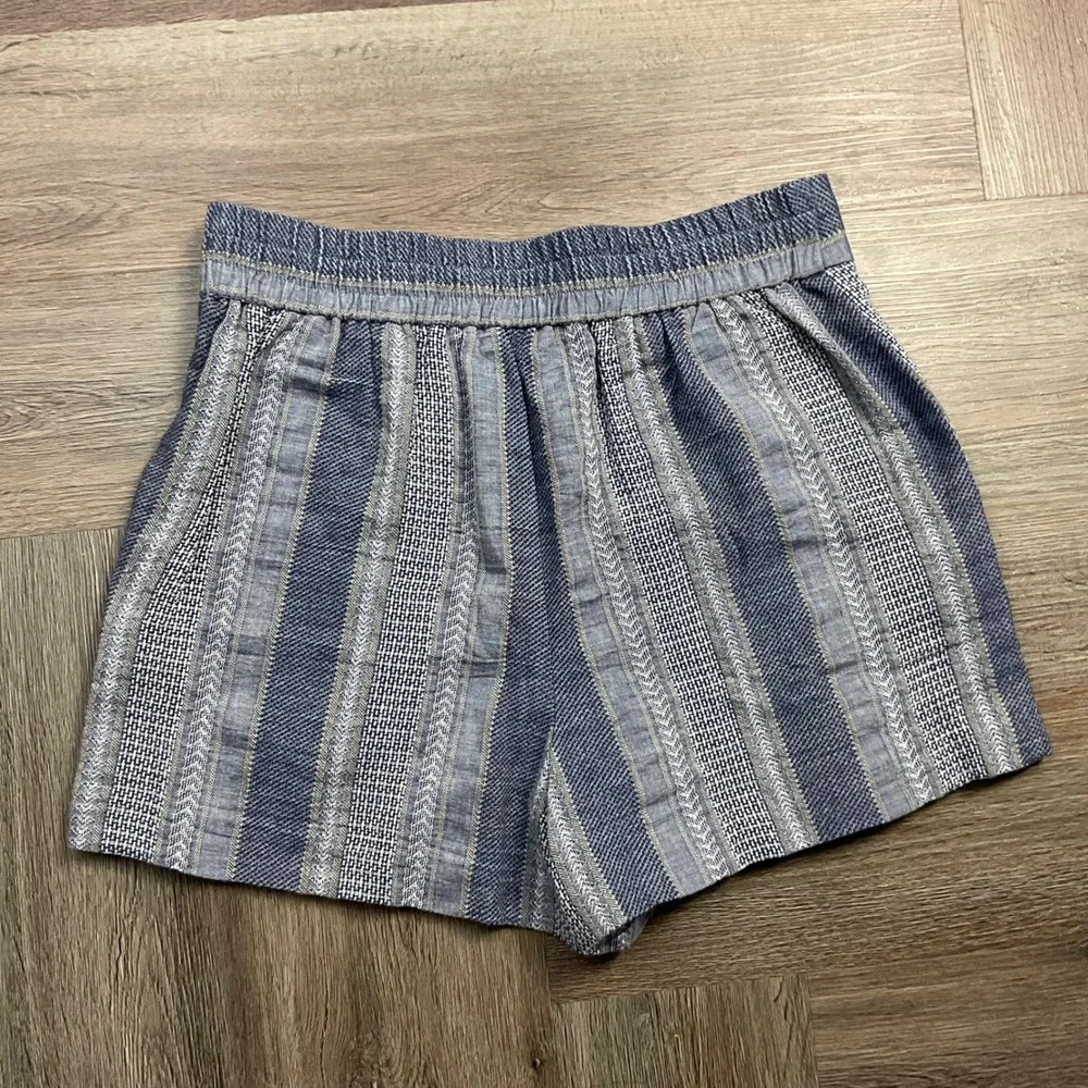 NWT‎ Drew Ivy Striped Cotton Pleated High Rise Shorts Womens Medium Indigo Blue
